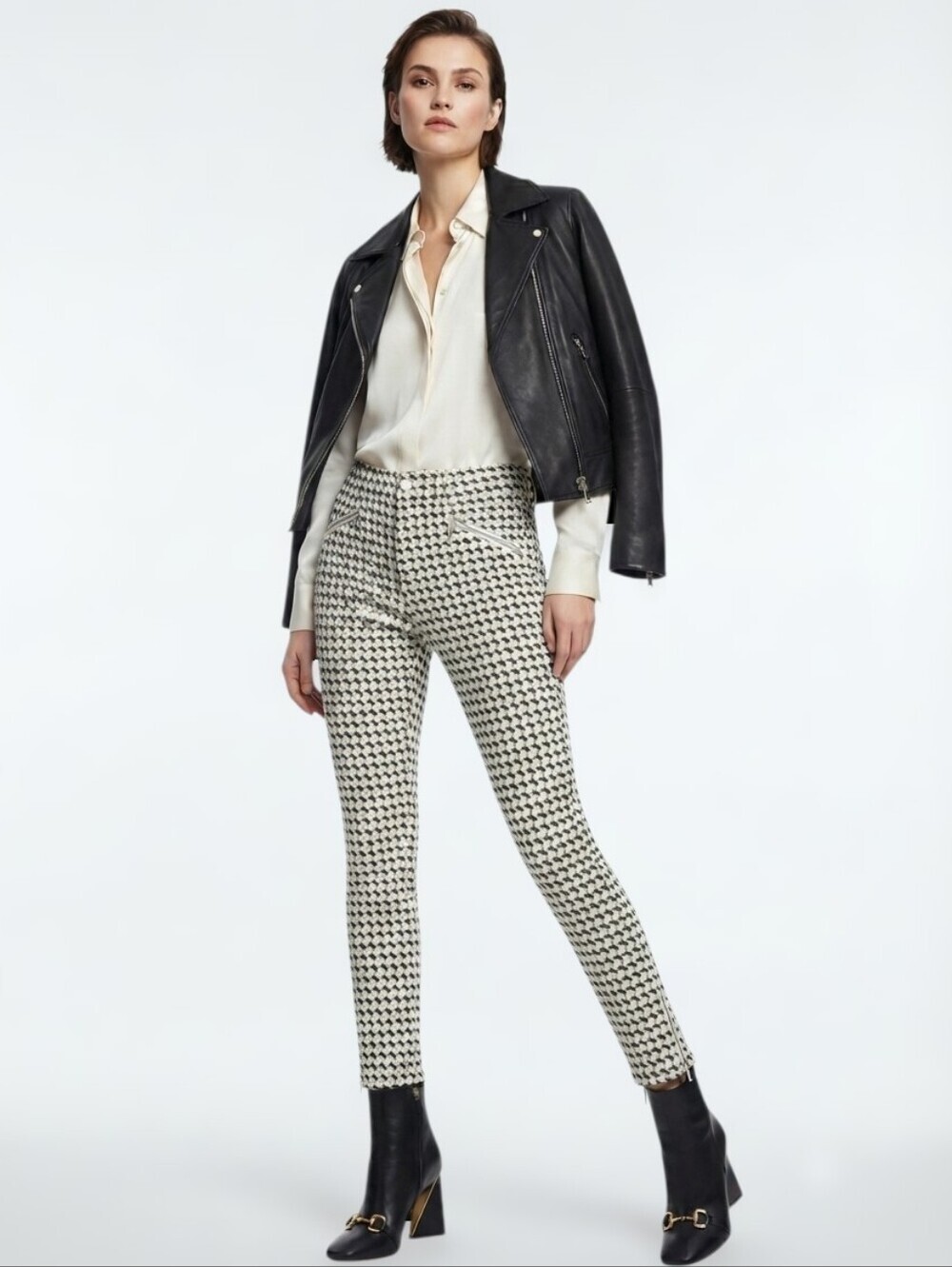 J.McLaughlin Baxter Houndstooth Geo Print Ankle Pants Sz.8 Moto Zip Hem Trousers